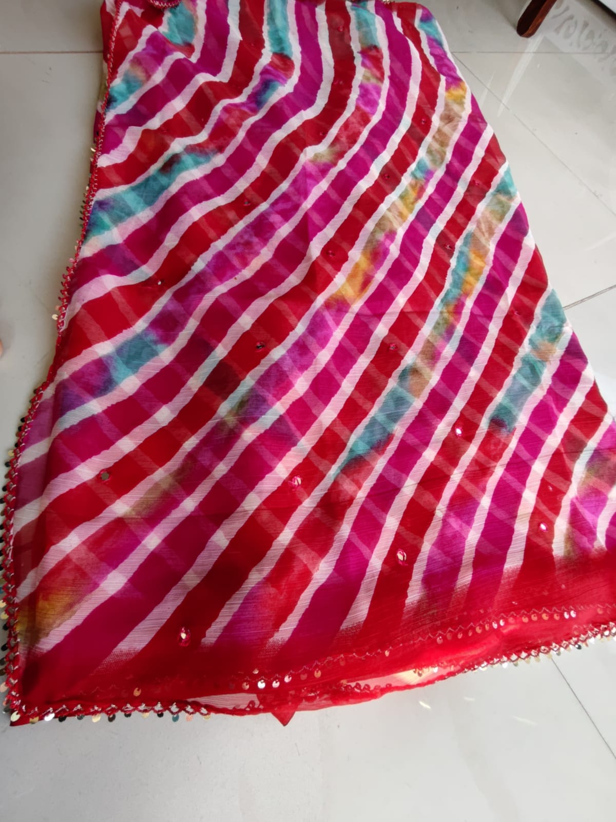 Beautiful Lahariya Mirror Work Saree with Blouse Piece