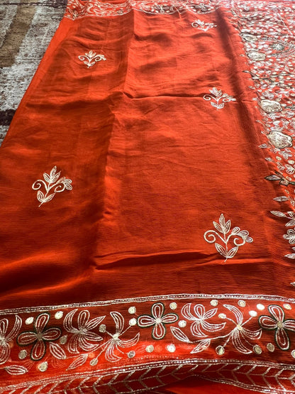 Pure Chiffon Heavy Peta work Rajpooti sari with Pure Chiffon Green Peta work Blouse