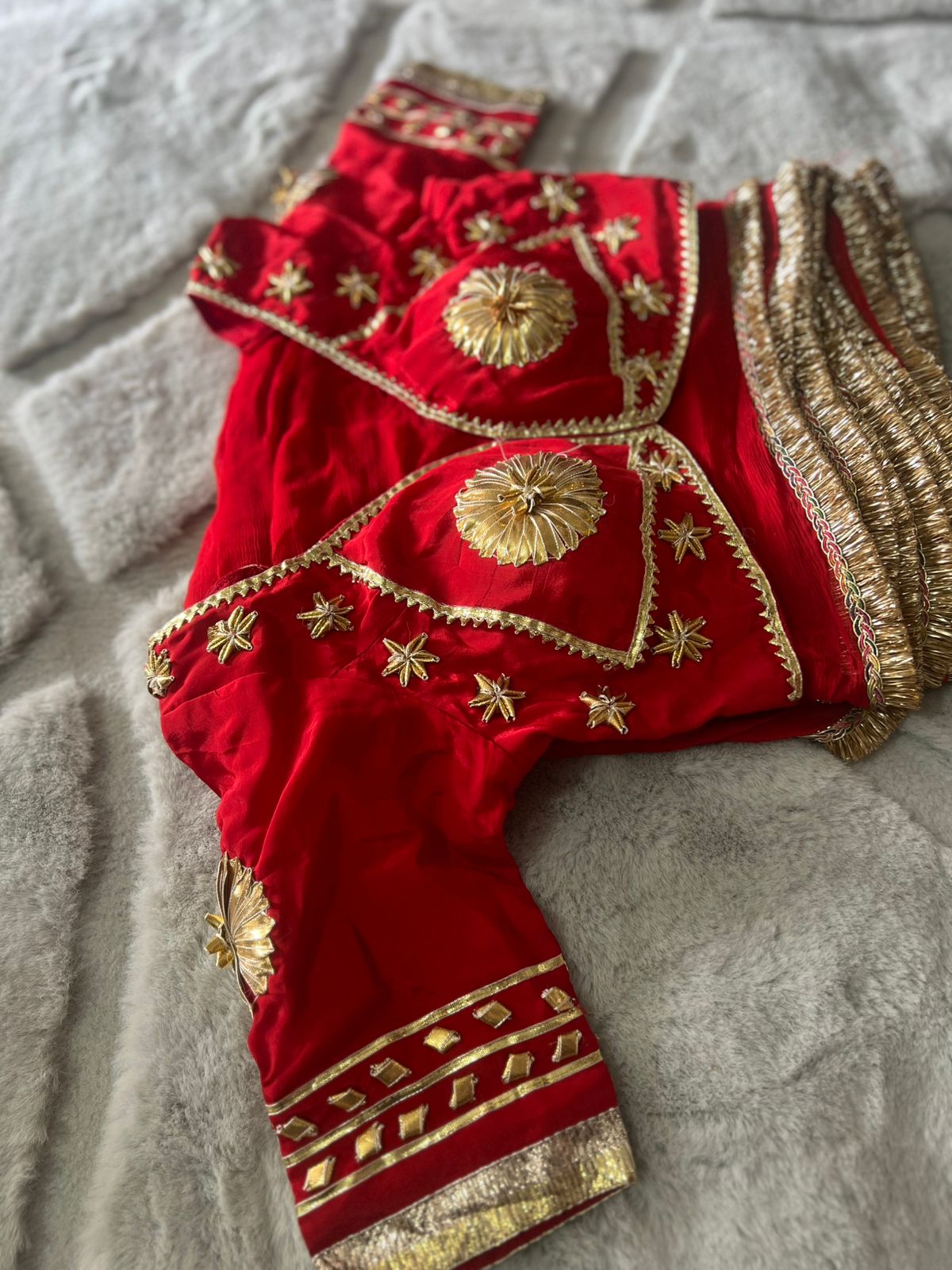 Designer Kanchli Blouse with Soft Chiffon Red Saree with Traditional Border