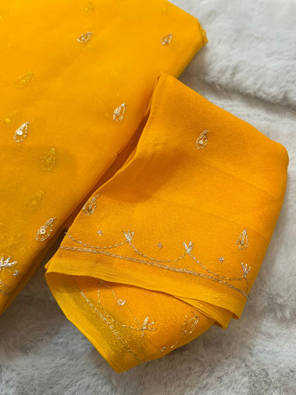 Pure Chiffon Peta Work Rajwadi Yellow Saree