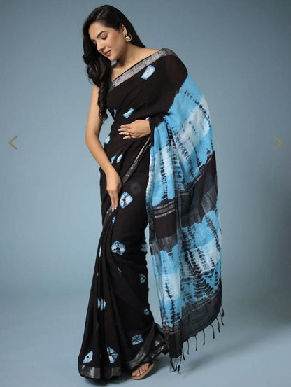 Beautiful Black and Sky Blue Linen Cotton Saree