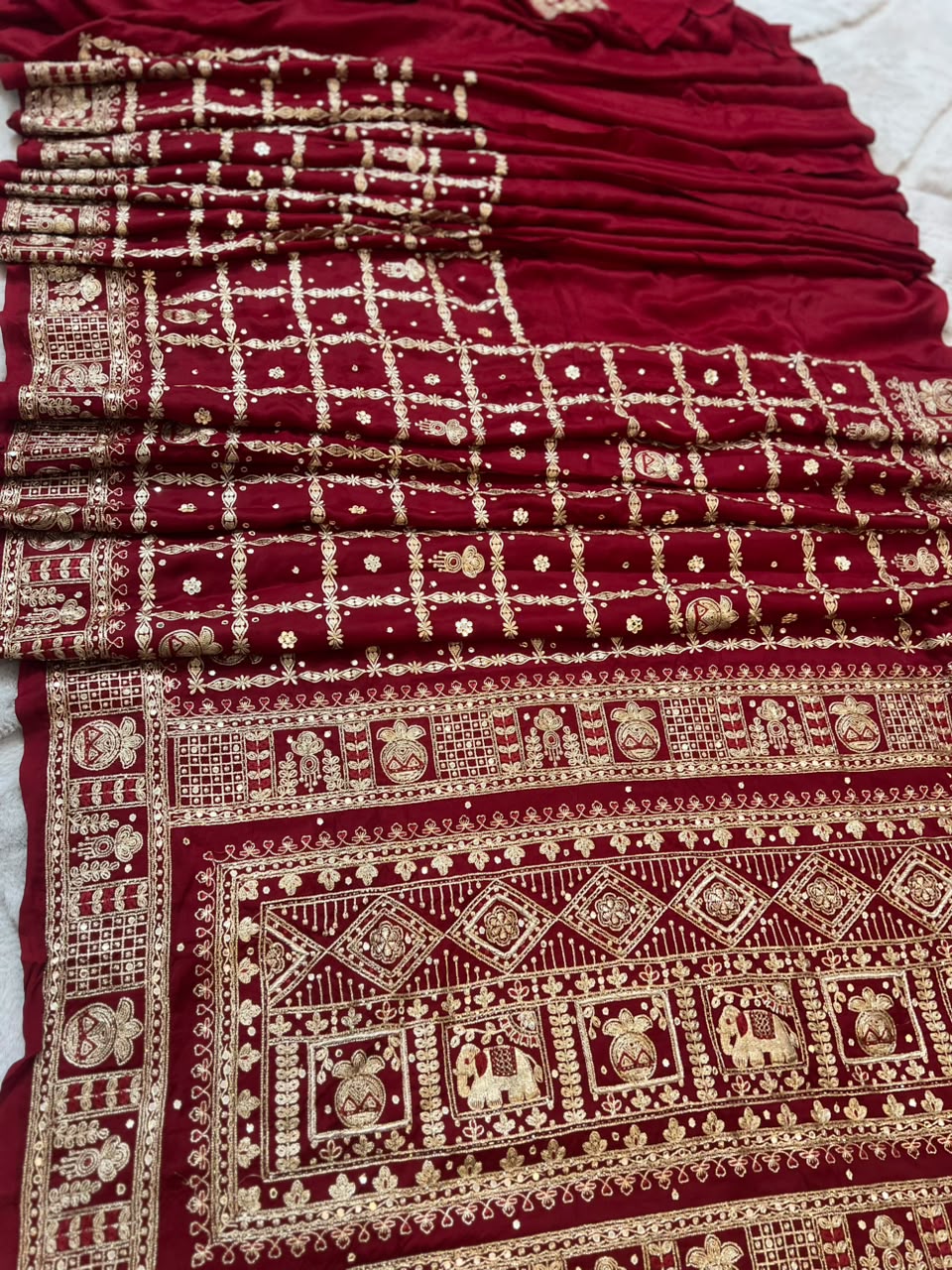 Beautiful Blood Red Modal Silk Saree with Heavy Zardozi Work and Blouse Piece. (Karwa Chauth Special)