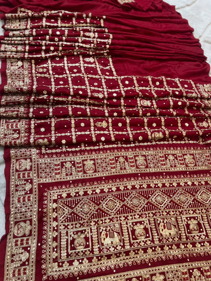 Beautiful Blood Red Modal Silk Saree with Heavy Zardozi Work and Blouse Piece. (Karwa Chauth Special)