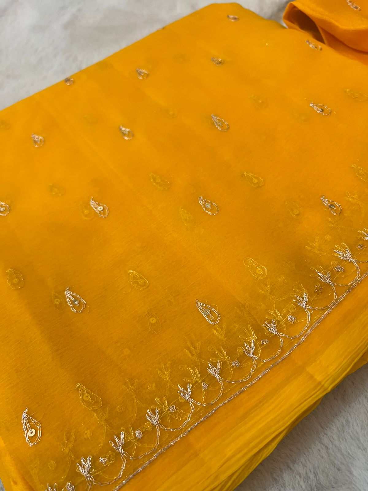 Pure Chiffon Peta Work Rajwadi Yellow Saree