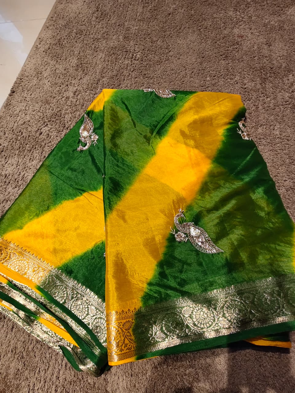 Beautiful Green-Yellow Peacock Design Lahariya Saree