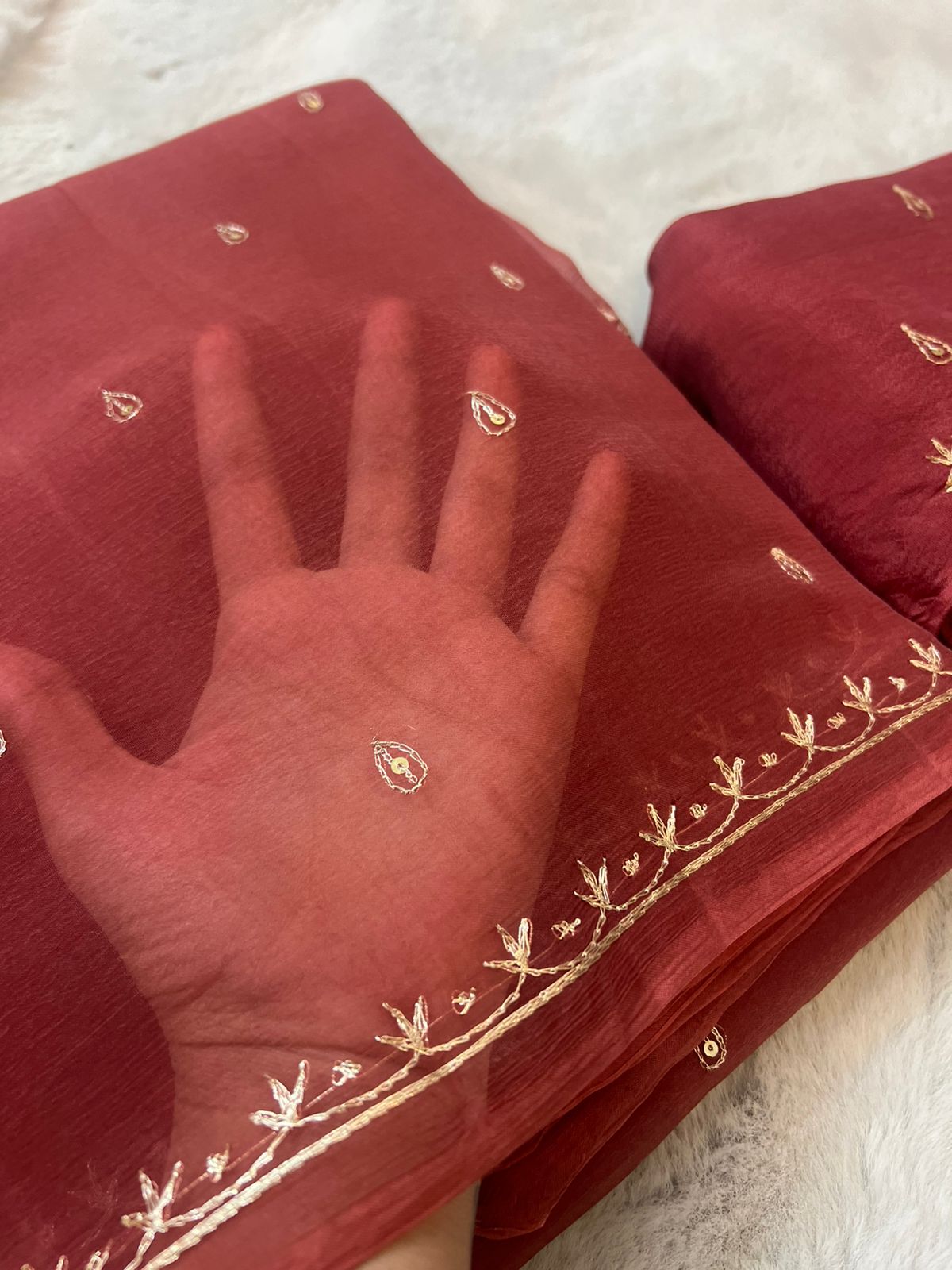 Pure Chiffon Peta Work Brick Color Saree