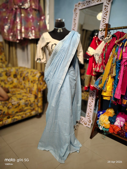 Beautiful Sky Blue Cotton Lahariya Saree (Without Blouse)