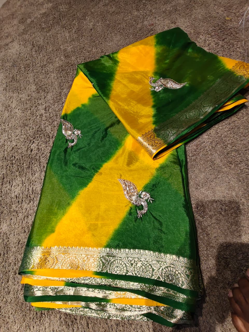 Beautiful Green-Yellow Peacock Design Lahariya Saree