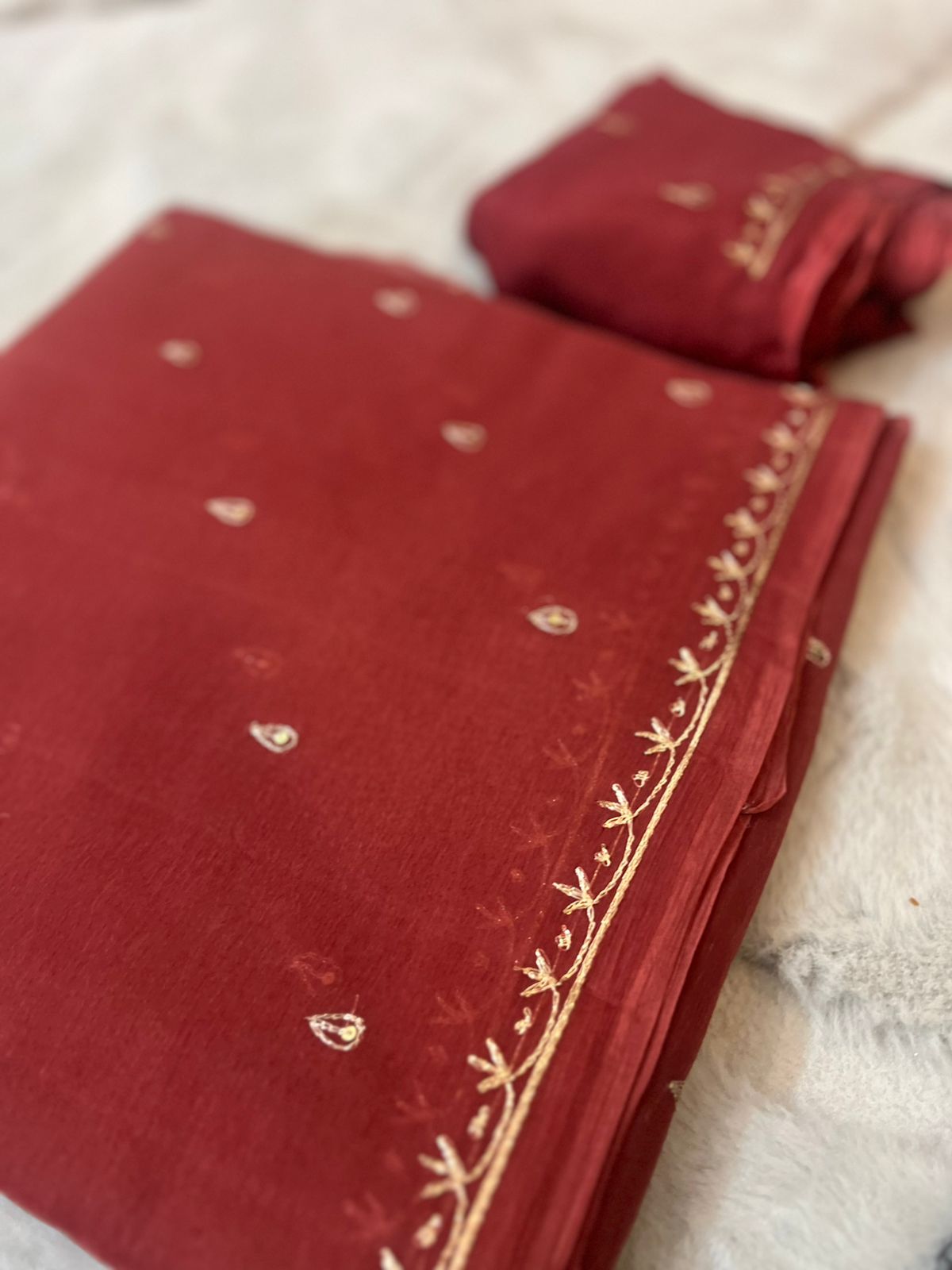 Pure Chiffon Peta Work Brick Color Saree