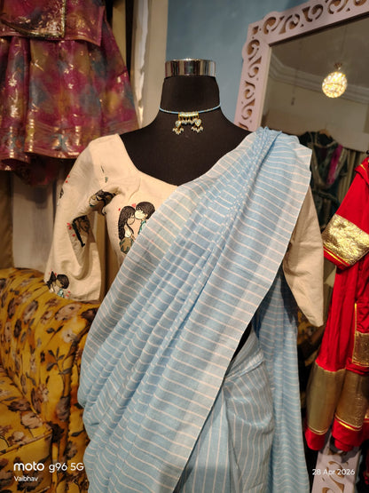 Beautiful Sky Blue Cotton Lahariya Saree (Without Blouse)