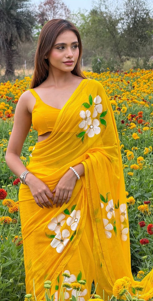 Yellow Flower Pearl Work Chiffon Saree with Blouse Piece