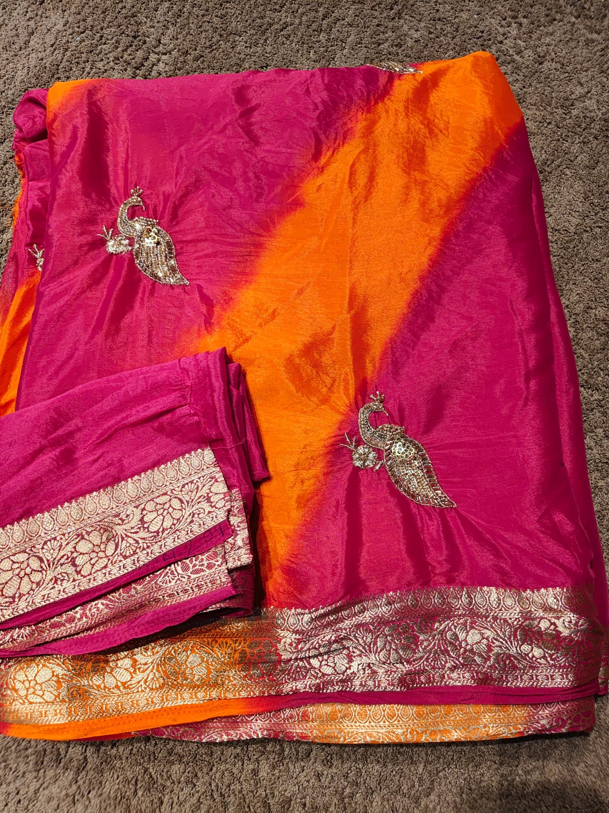 Beautiful Orange-Maroon Peacock Design Lahariya Saree with Blouse Piece