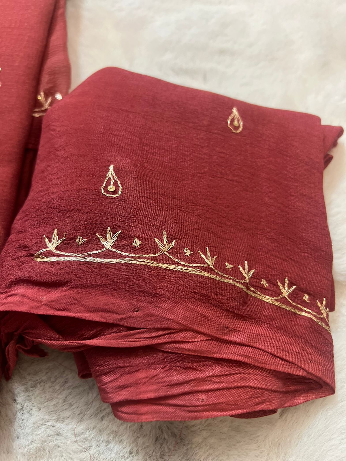 Pure Chiffon Peta Work Brick Color Saree