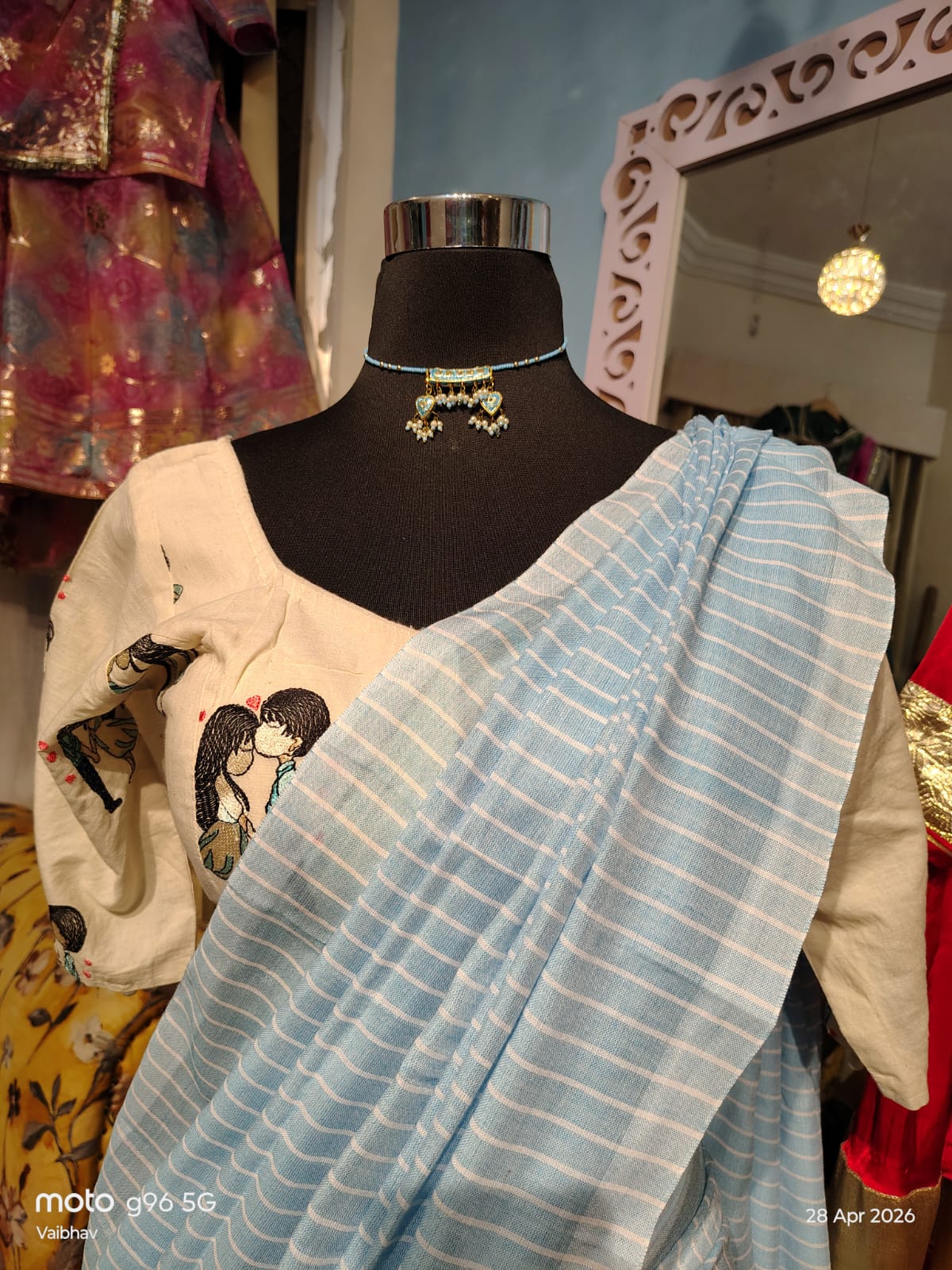Beautiful Sky Blue Cotton Lahariya Saree (Without Blouse)