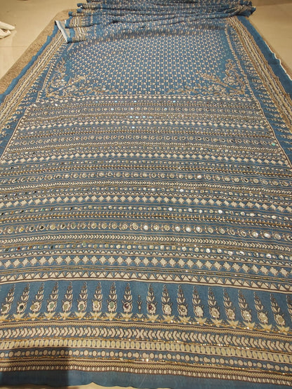 Beautiful Designer Mirror Work Saree with Blouse Piece