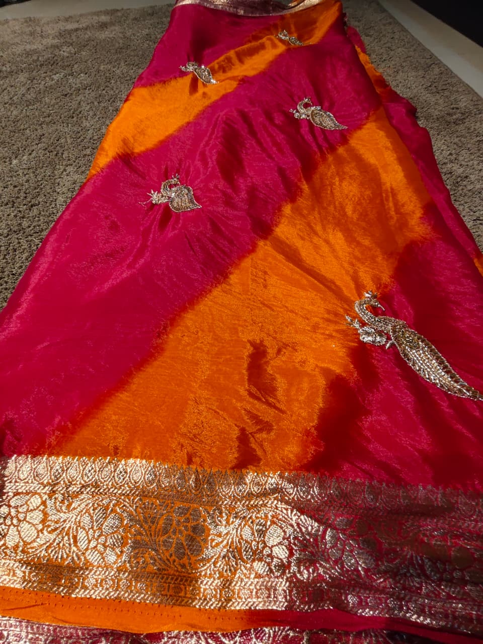Beautiful Orange-Maroon Peacock Design Lahariya Saree with Blouse Piece