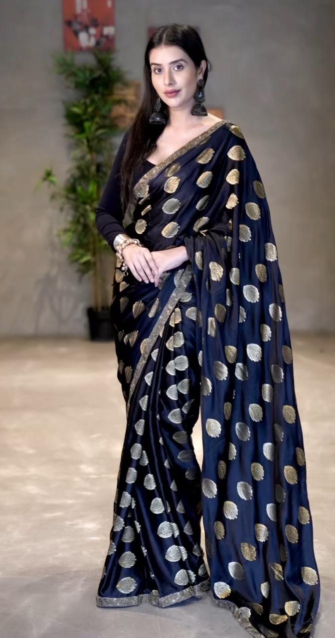 Black and Gold Pure Banarasi Saree with Designer Border and Same Fabric Blouse Piece.