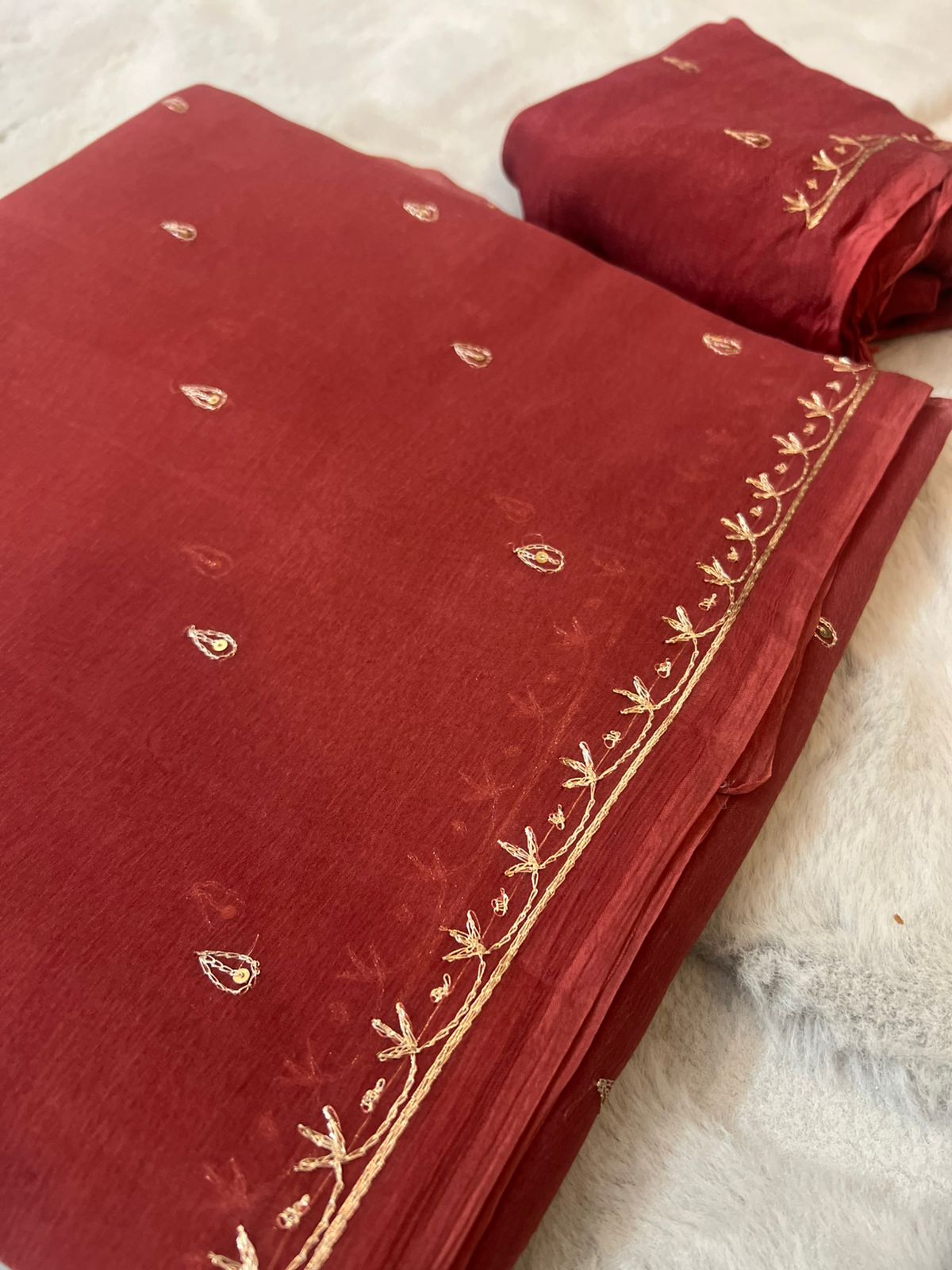 Pure Chiffon Peta Work Brick Color Saree