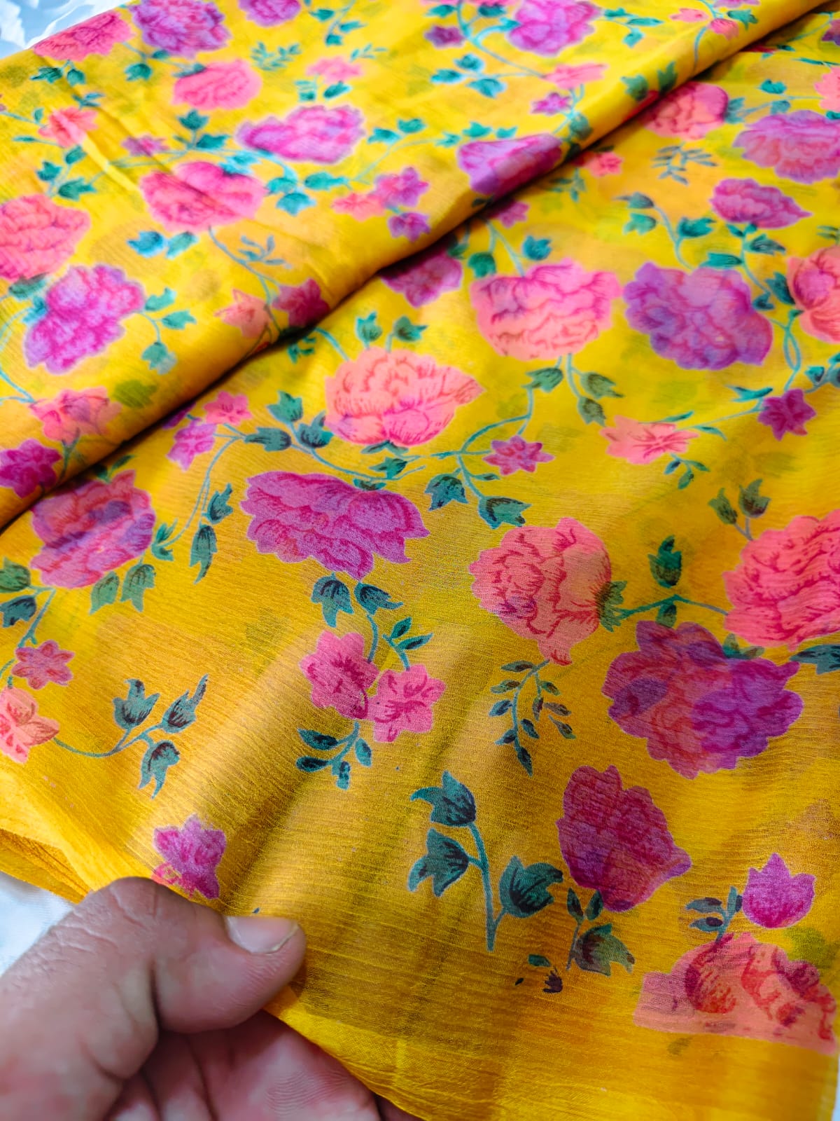 Beautiful Yellow color Flower Printed Saree with Blouse Piece