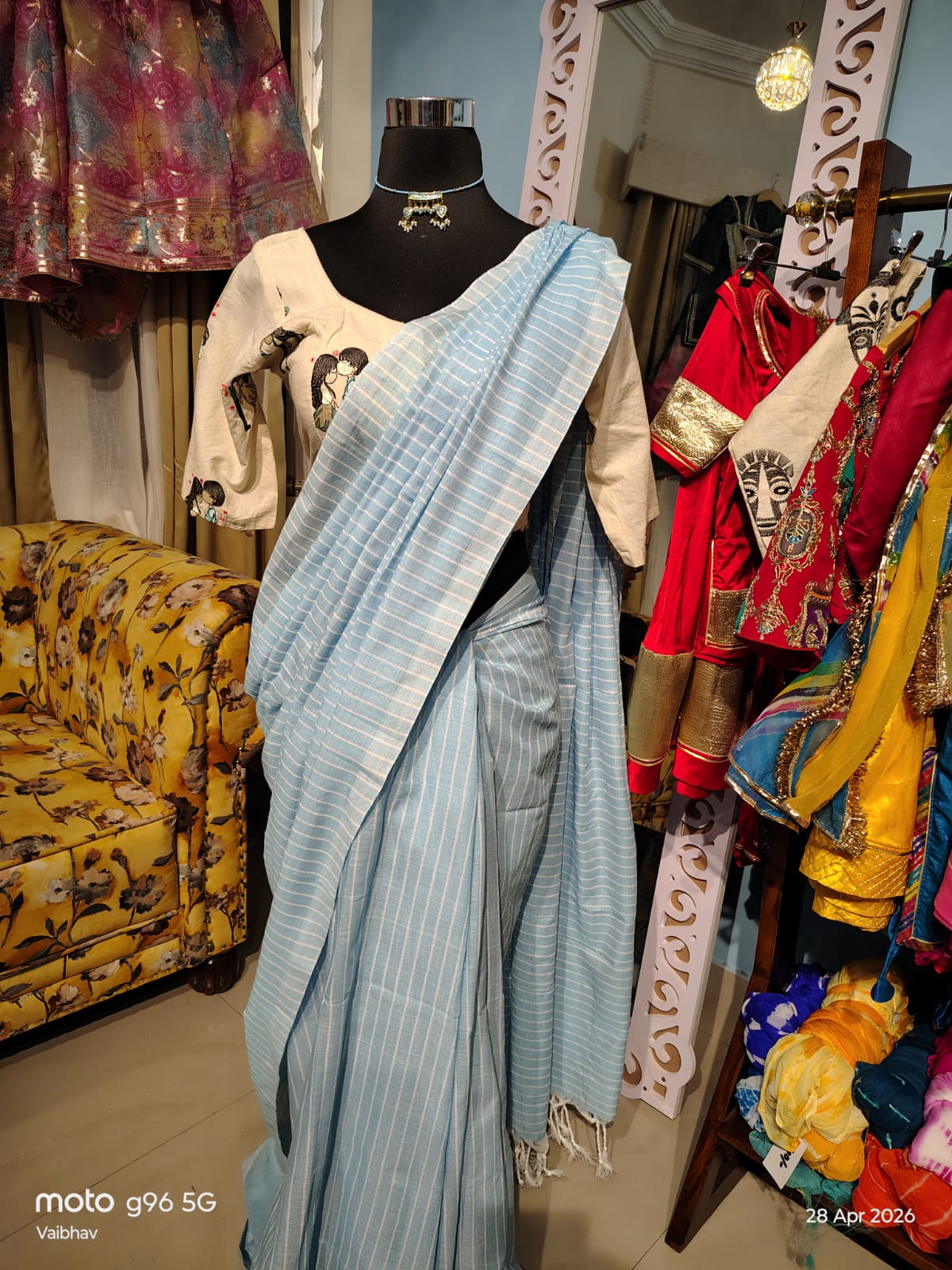 Beautiful Sky Blue Cotton Lahariya Saree (Without Blouse)