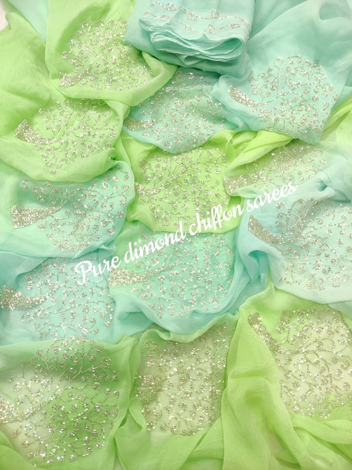 Sky Blue and Green Shaded Tree Design Saree with Blouse Piece