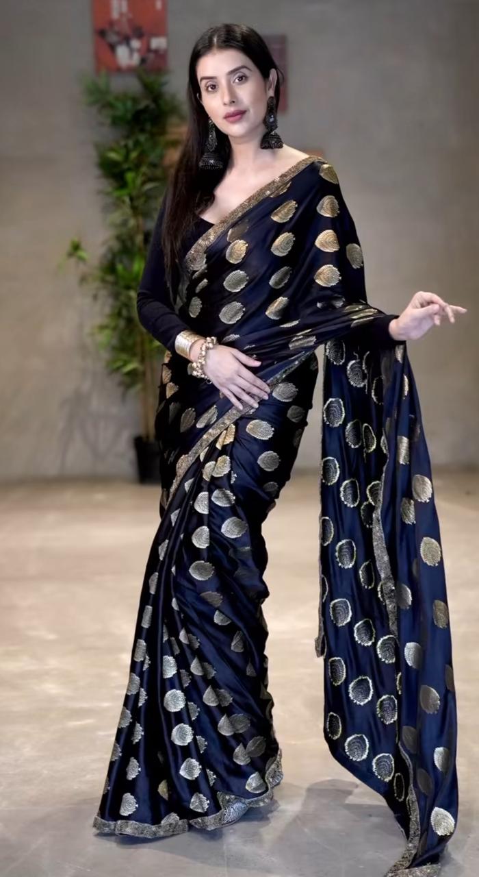 Black and Gold Pure Banarasi Saree with Designer Border and Same Fabric Blouse Piece.