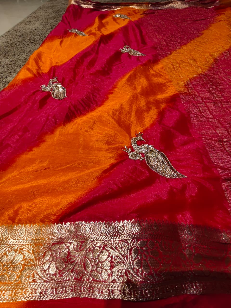 Beautiful Orange-Maroon Peacock Design Lahariya Saree with Blouse Piece