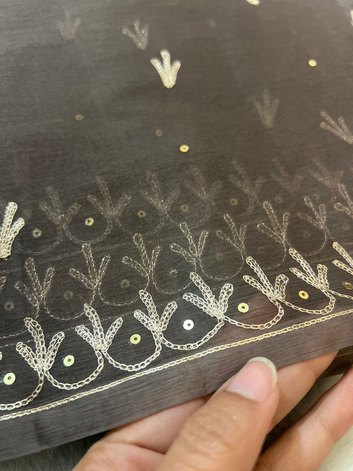 Pure Chiffon Peta Work Dark Browqn Rajwari Saree