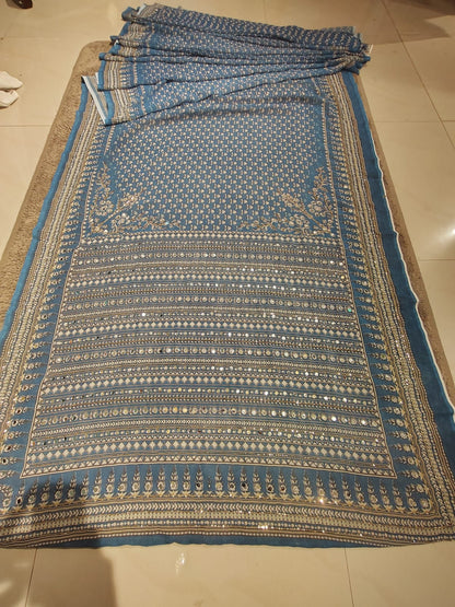 Beautiful Designer Mirror Work Saree with Blouse Piece