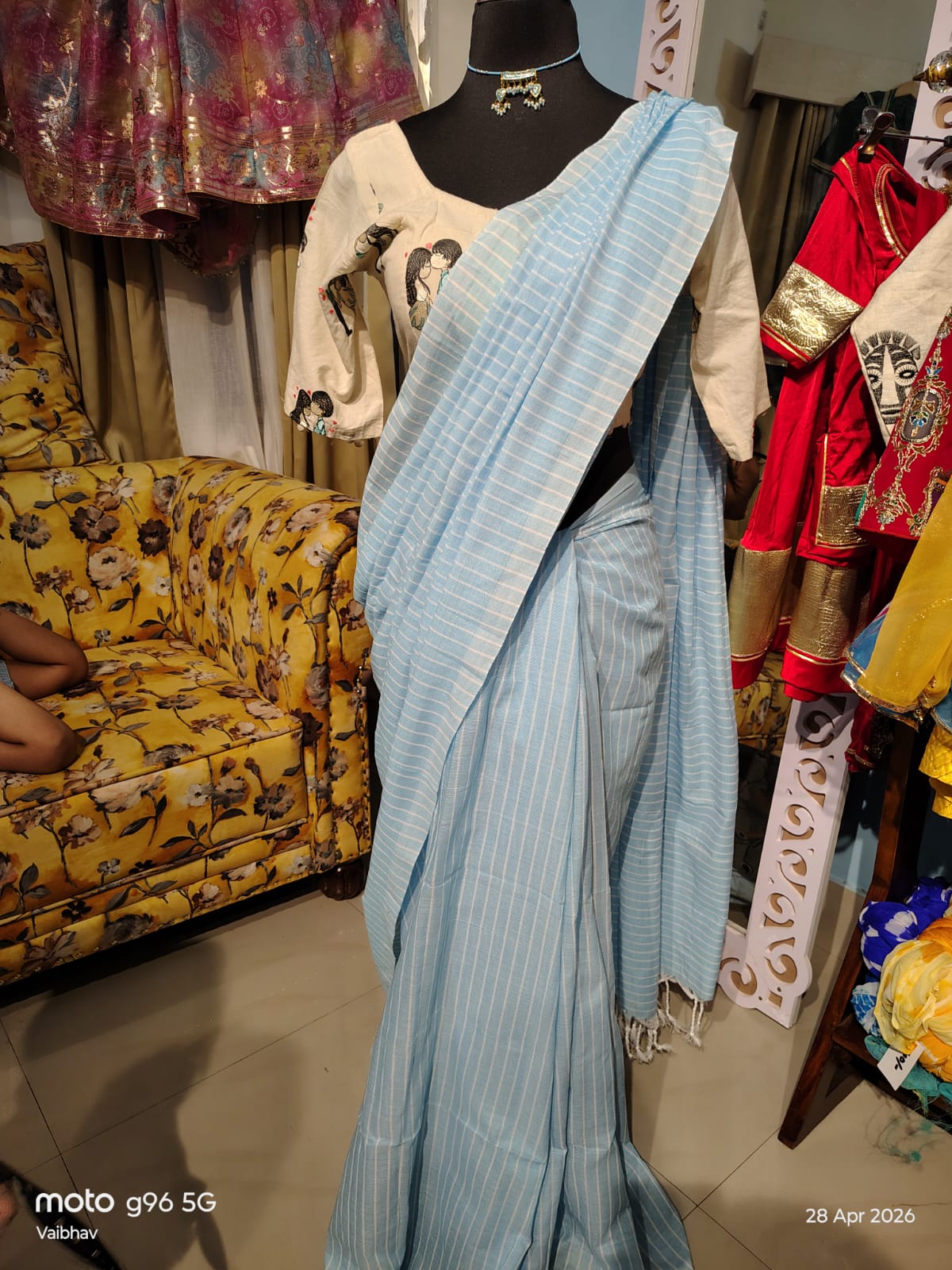 Beautiful Sky Blue Cotton Lahariya Saree (Without Blouse)