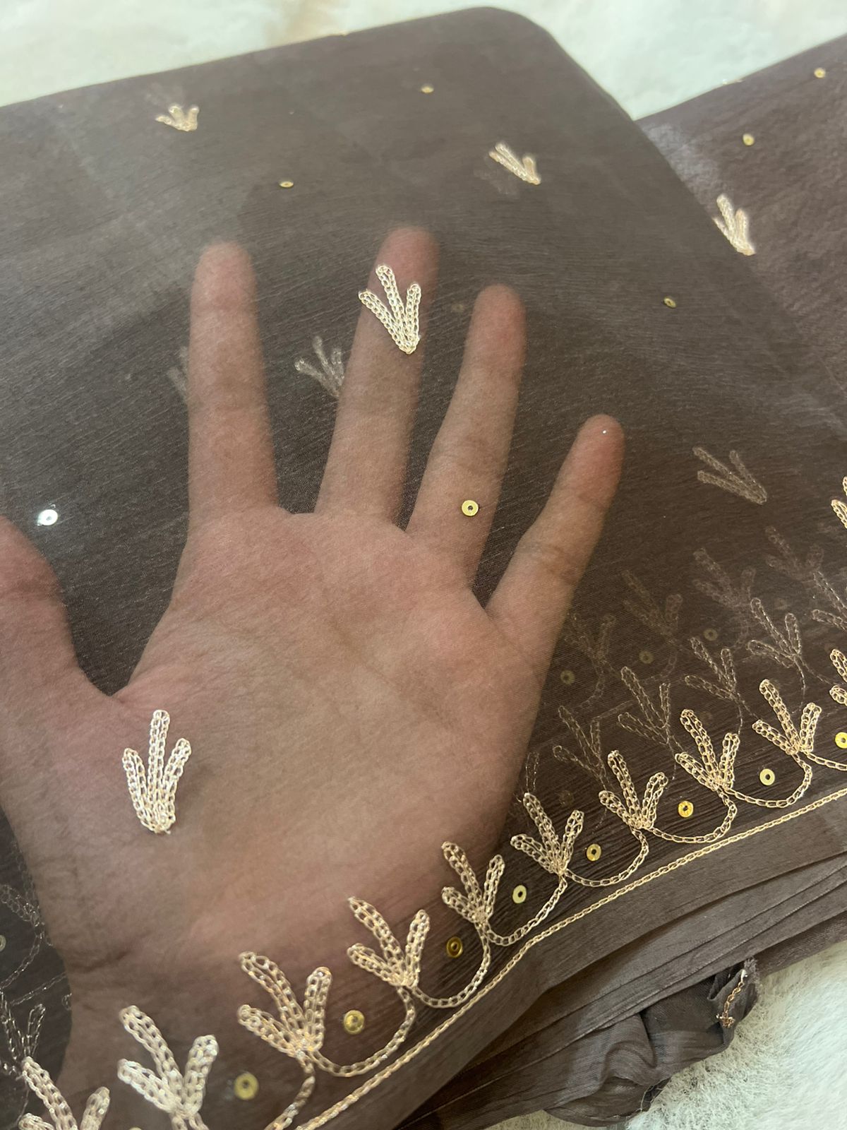 Pure Chiffon Peta Work Dark Browqn Rajwari Saree