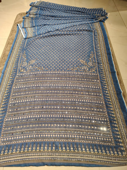 Beautiful Designer Mirror Work Saree with Blouse Piece