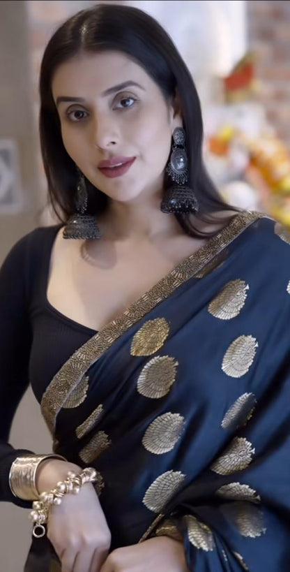 Black and Gold Pure Banarasi Saree with Designer Border and Same Fabric Blouse Piece.
