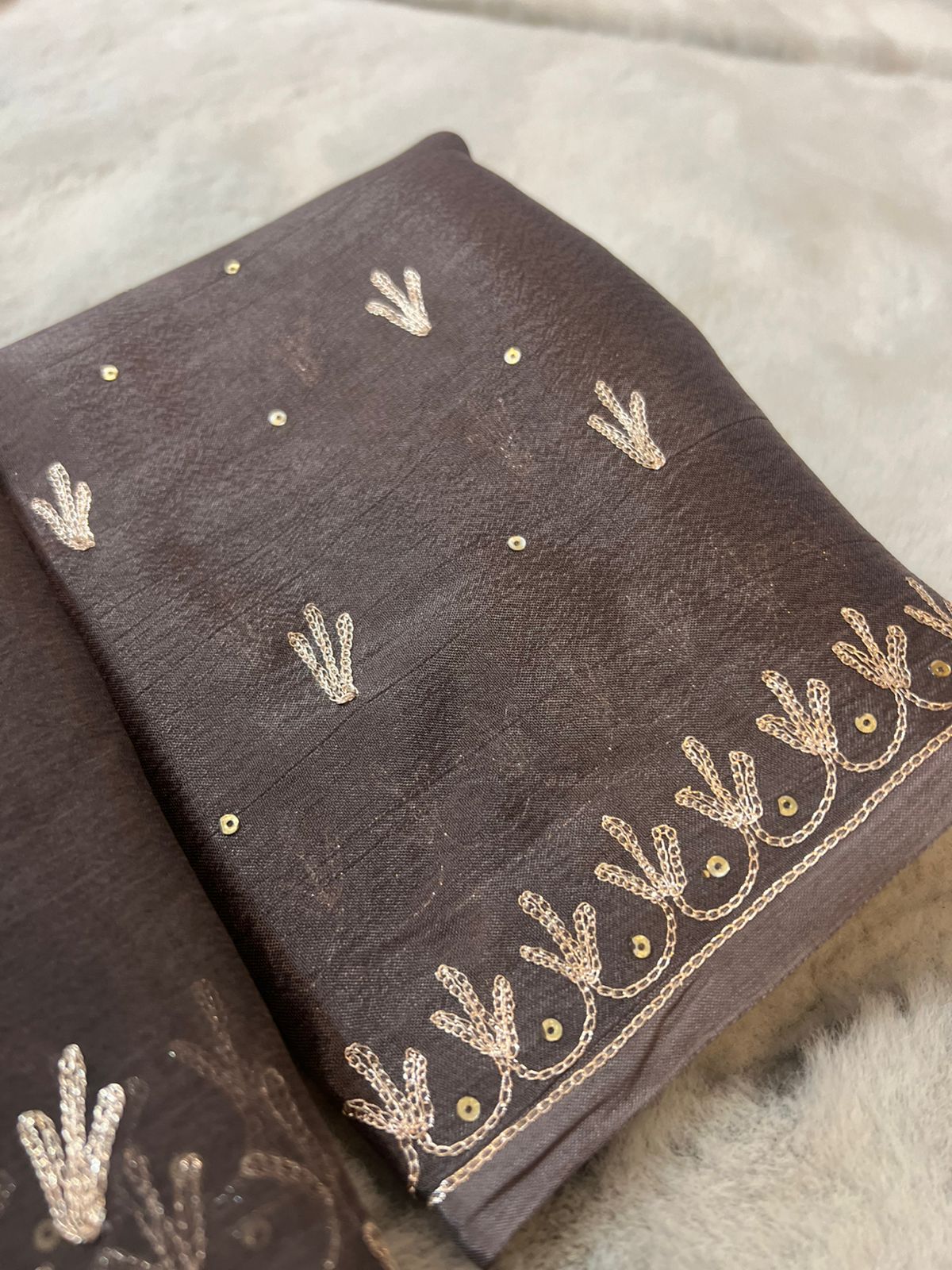 Pure Chiffon Peta Work Dark Browqn Rajwari Saree