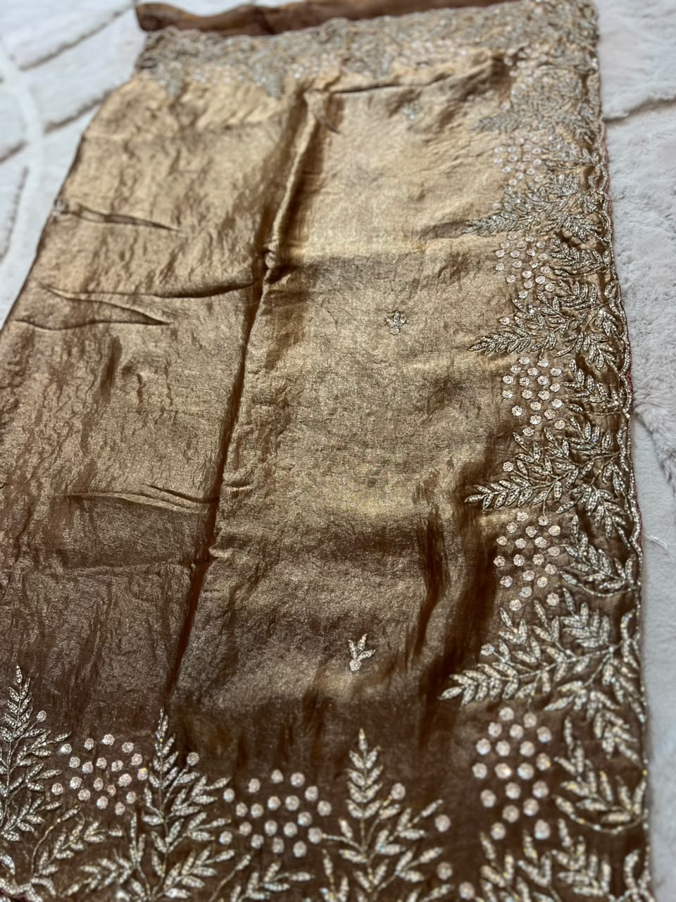 Beautiful Glowy Brown Color Diamond Magic Saree with Blouse Piece