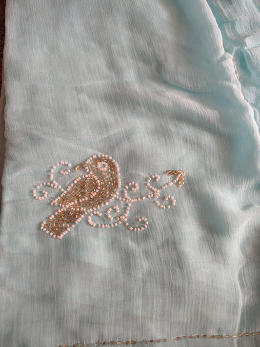 Sky Blue Color Chiffon Saree with Pearl Bird Work