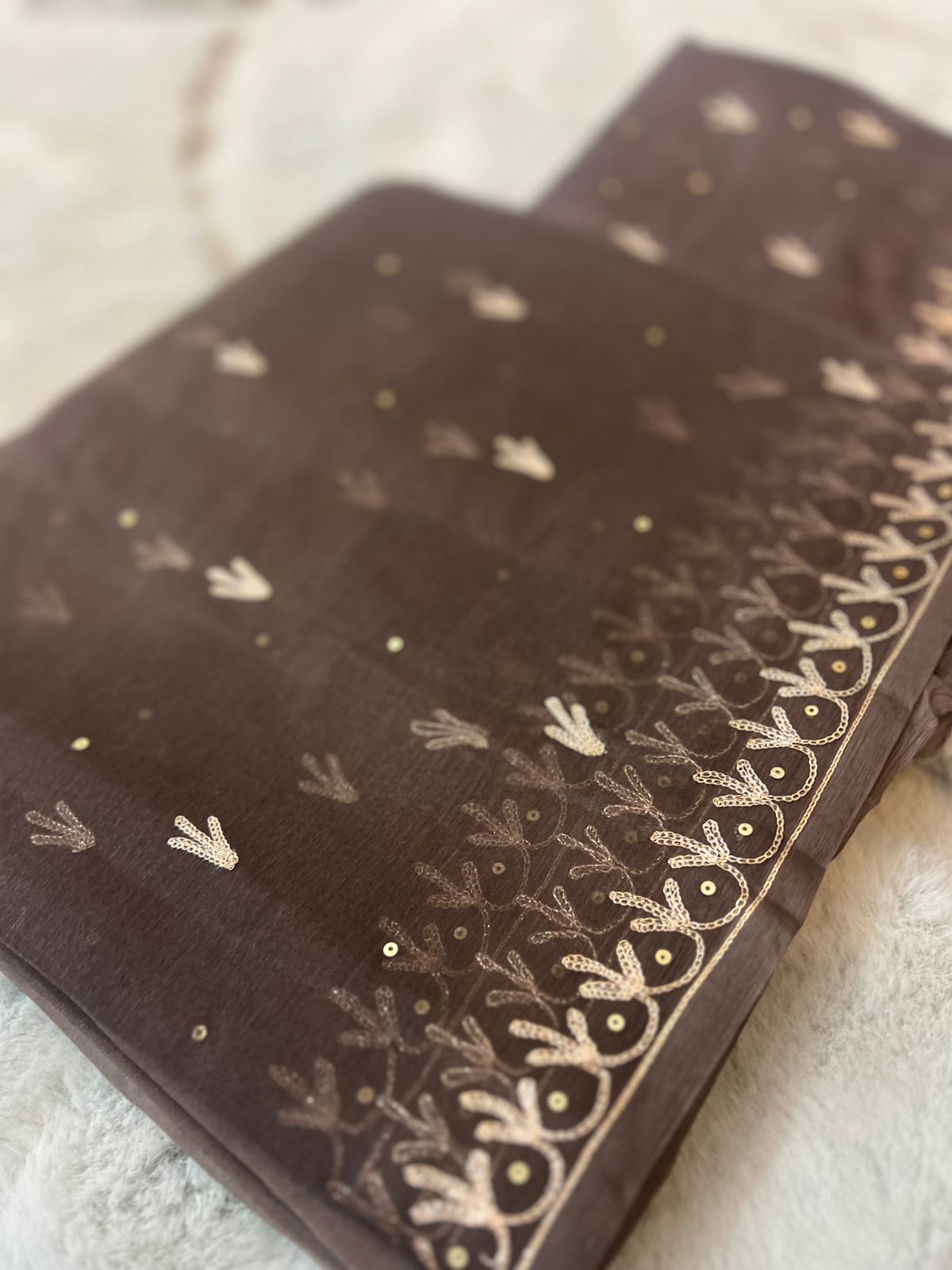 Pure Chiffon Peta Work Dark Browqn Rajwari Saree