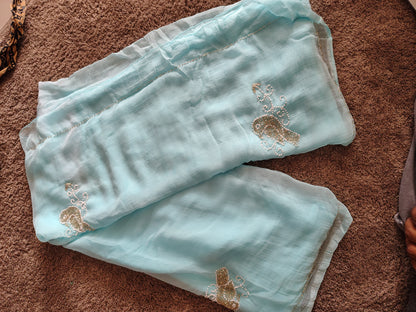 Sky Blue Color Chiffon Saree with Pearl Bird Work