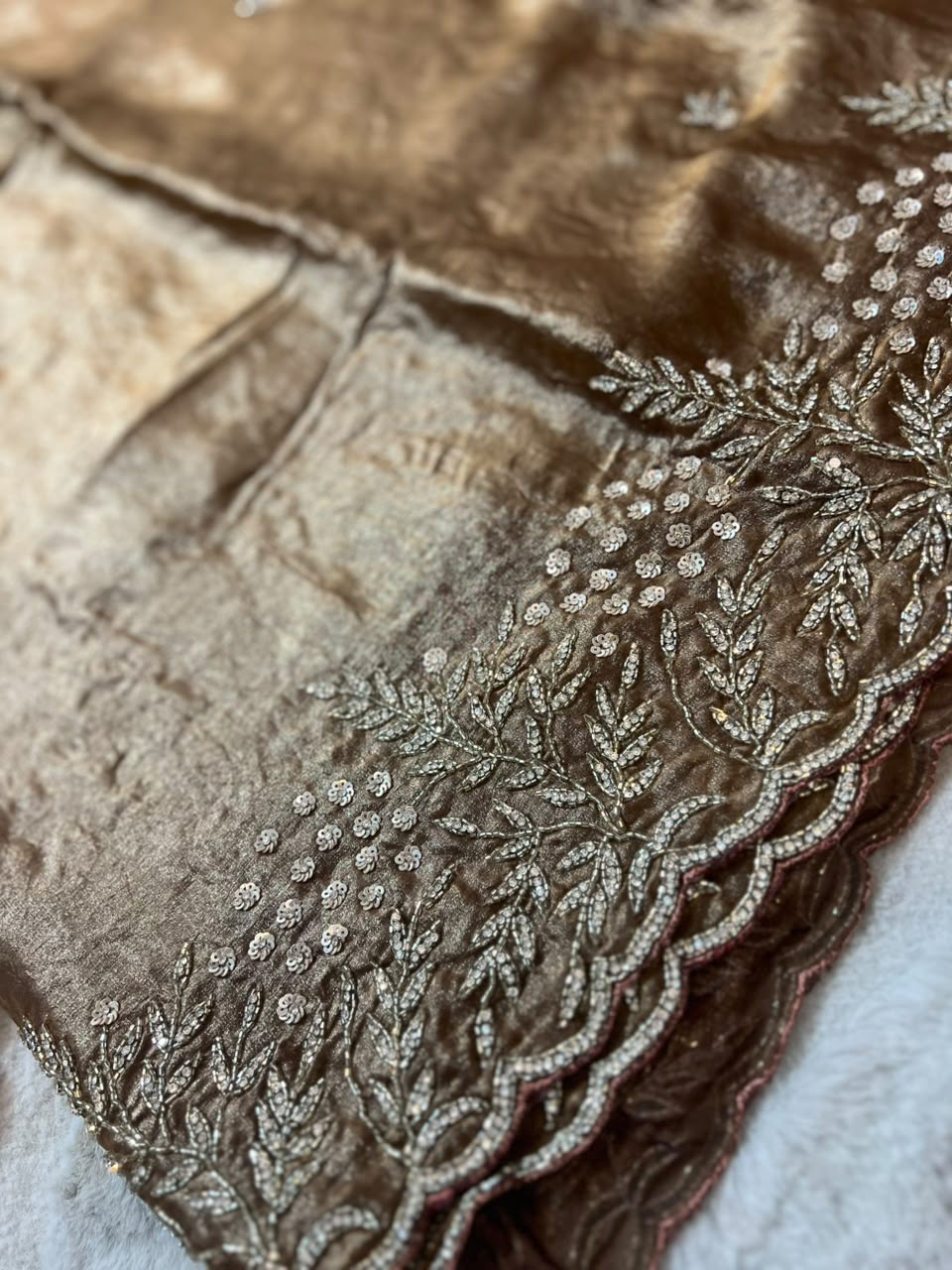 Beautiful Glowy Brown Color Diamond Magic Saree with Blouse Piece