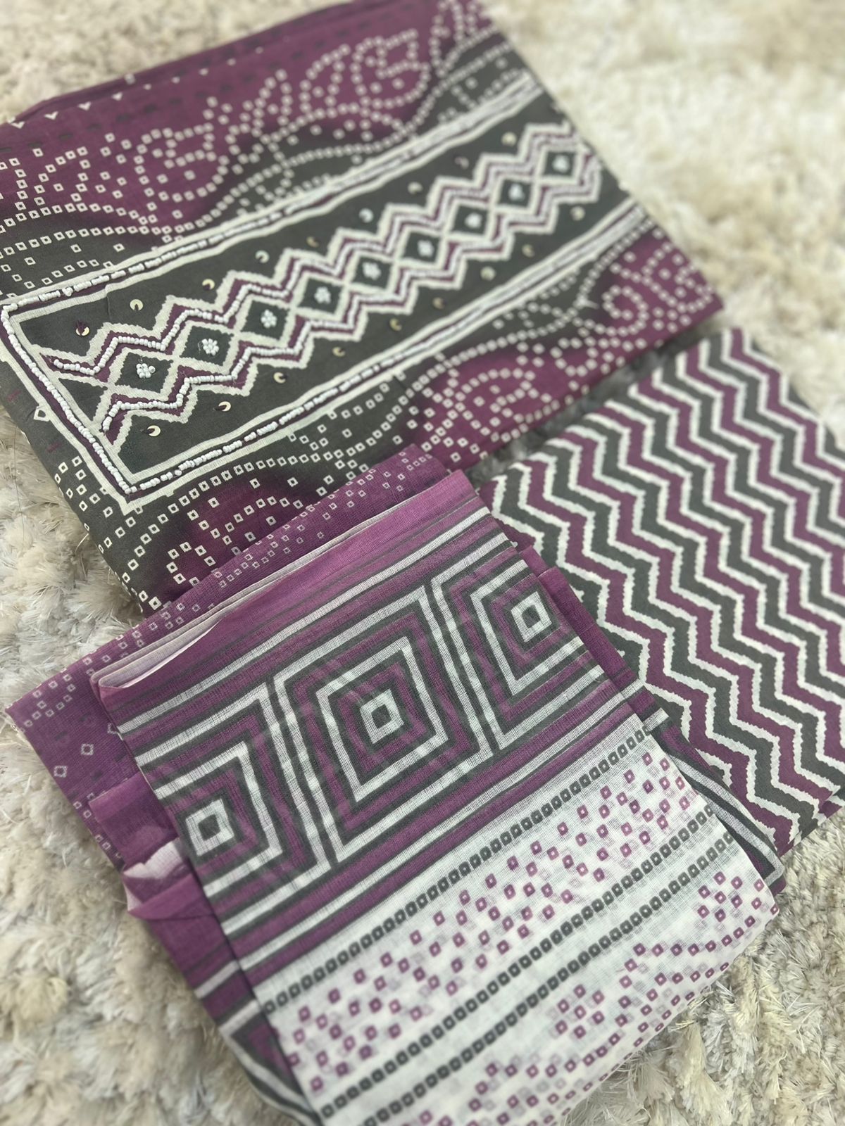 Bandhini Printed Suit with Mal Mal Duppatta (Unstitched)