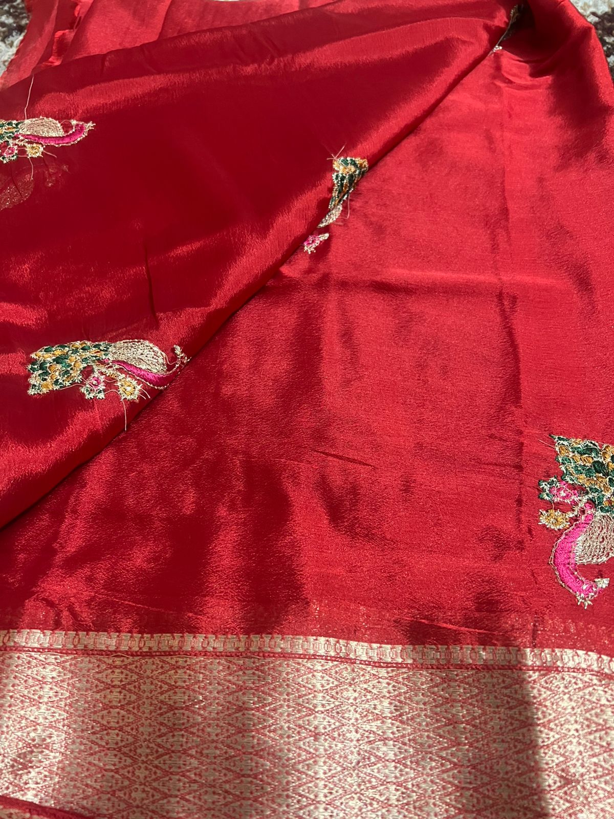 Peacock Design Crepe Red Saree with Heavy Border