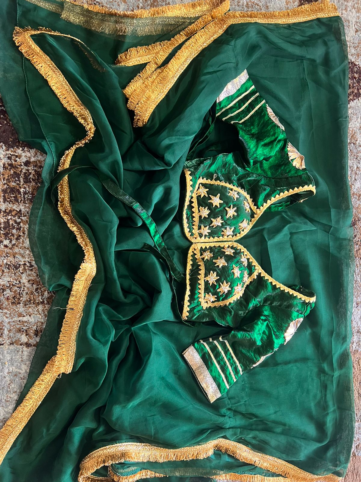 Bottle Green Pure Chiffon Saree with Lovely Border in Golden Colour and Beautiful Angi Blouse Paired with it