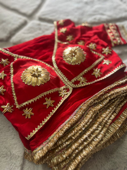 Designer Kanchli Blouse with Soft Chiffon Red Saree with Traditional Border