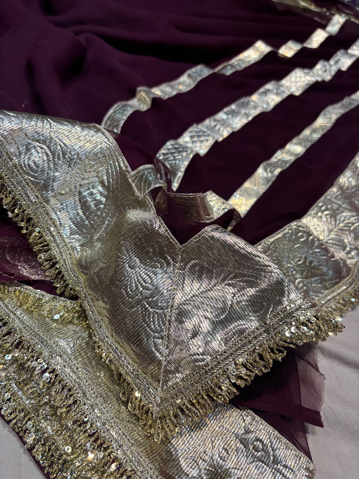 Wine colour Celebrity Inspired Gota Chiffon Saree with Same Fabric Blouse in Running