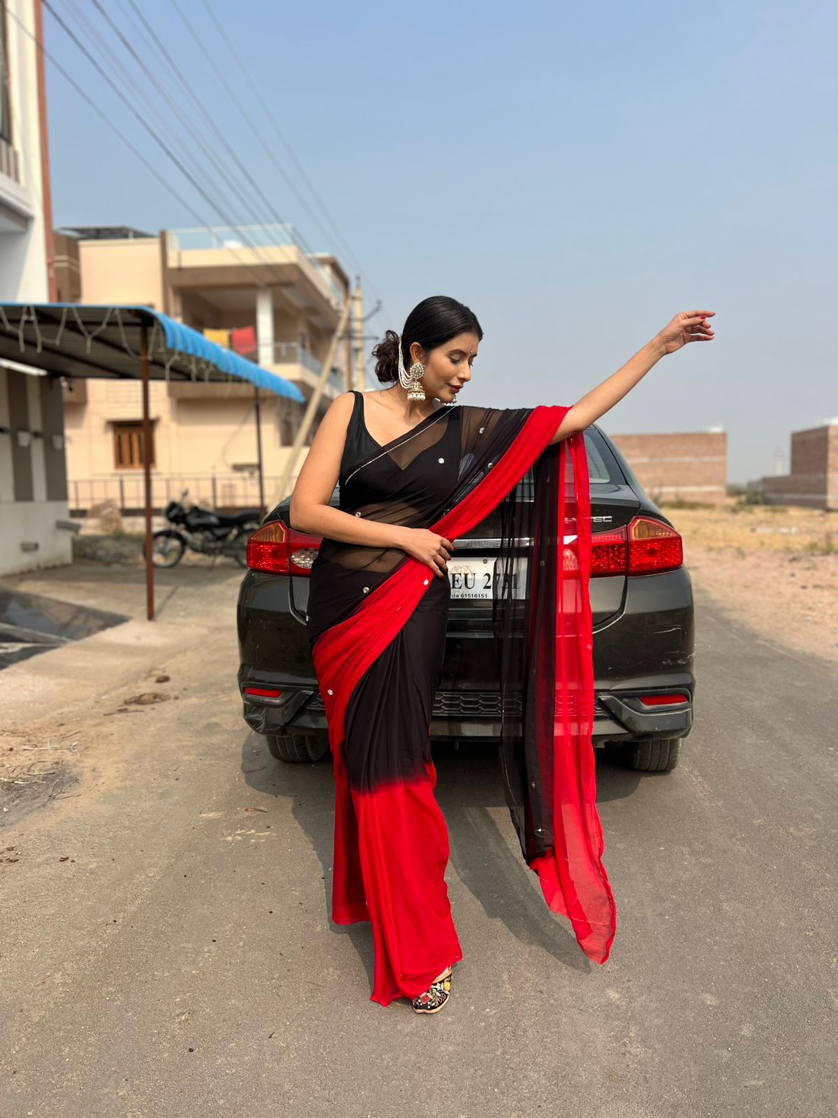Red and Black Shaded Soft Chiffon Boota Work Saree with Same Fabric Blouse Piece