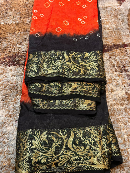 Soft Cotton Bandhini Saree Orange and Black with Barat Zari Border and Running Blouse