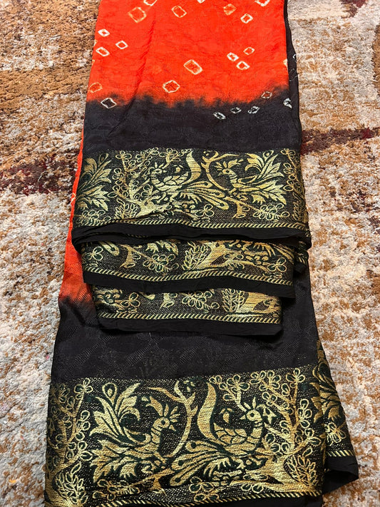 Soft Cotton Bandhini Saree Orange and Black with Barat Zari Border and Running Blouse