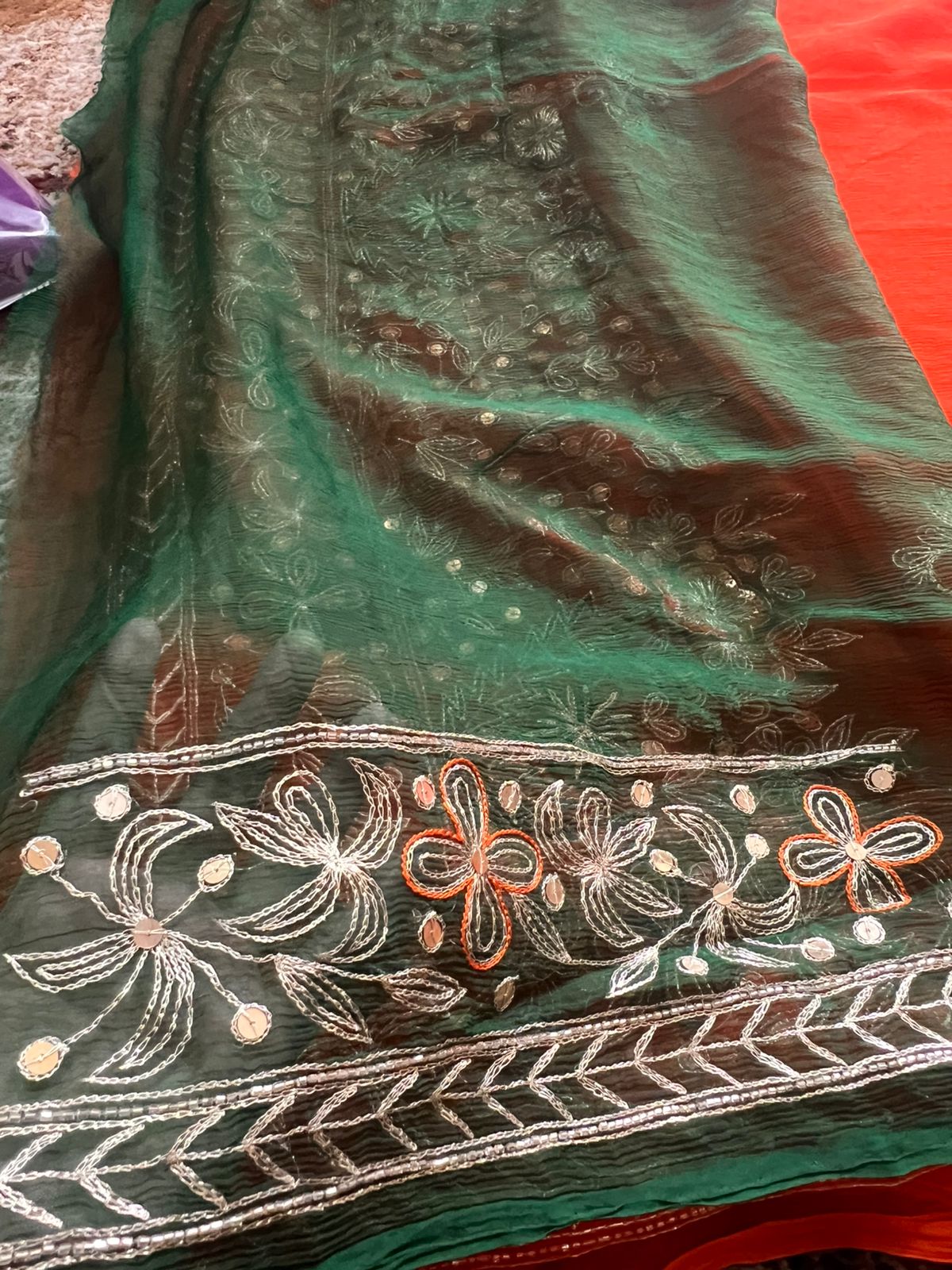 Pure Chiffon Heavy Peta work Rajpooti sari with Pure Chiffon Green Peta work Blouse