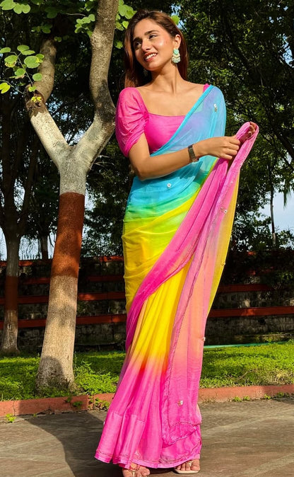 Multi-Color Shaded Flower Booti Chiffon Saree