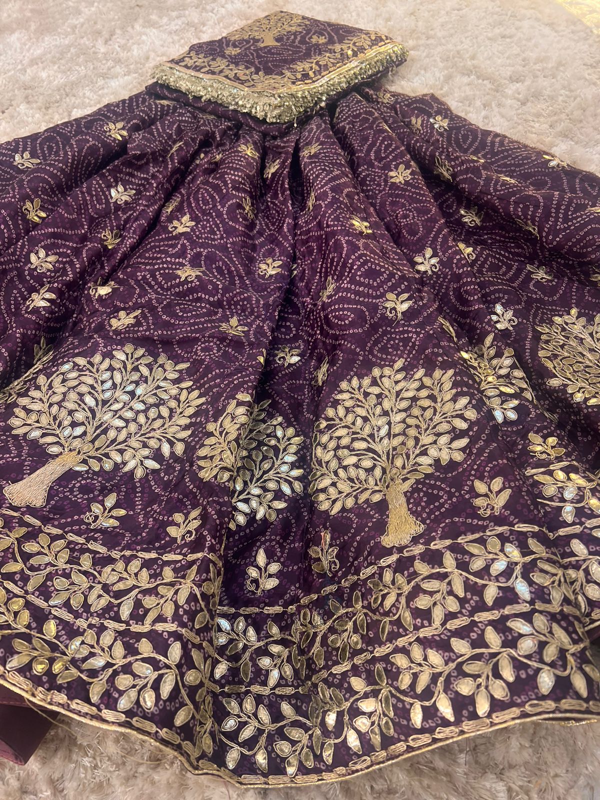 Bandhini with Gota Patti Work Full Ghera Purple Poshak (Unstitched)